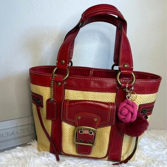 Vintage COACH y2k Red Natural Legacy Straw Tote Bag - Picture 1 of 13